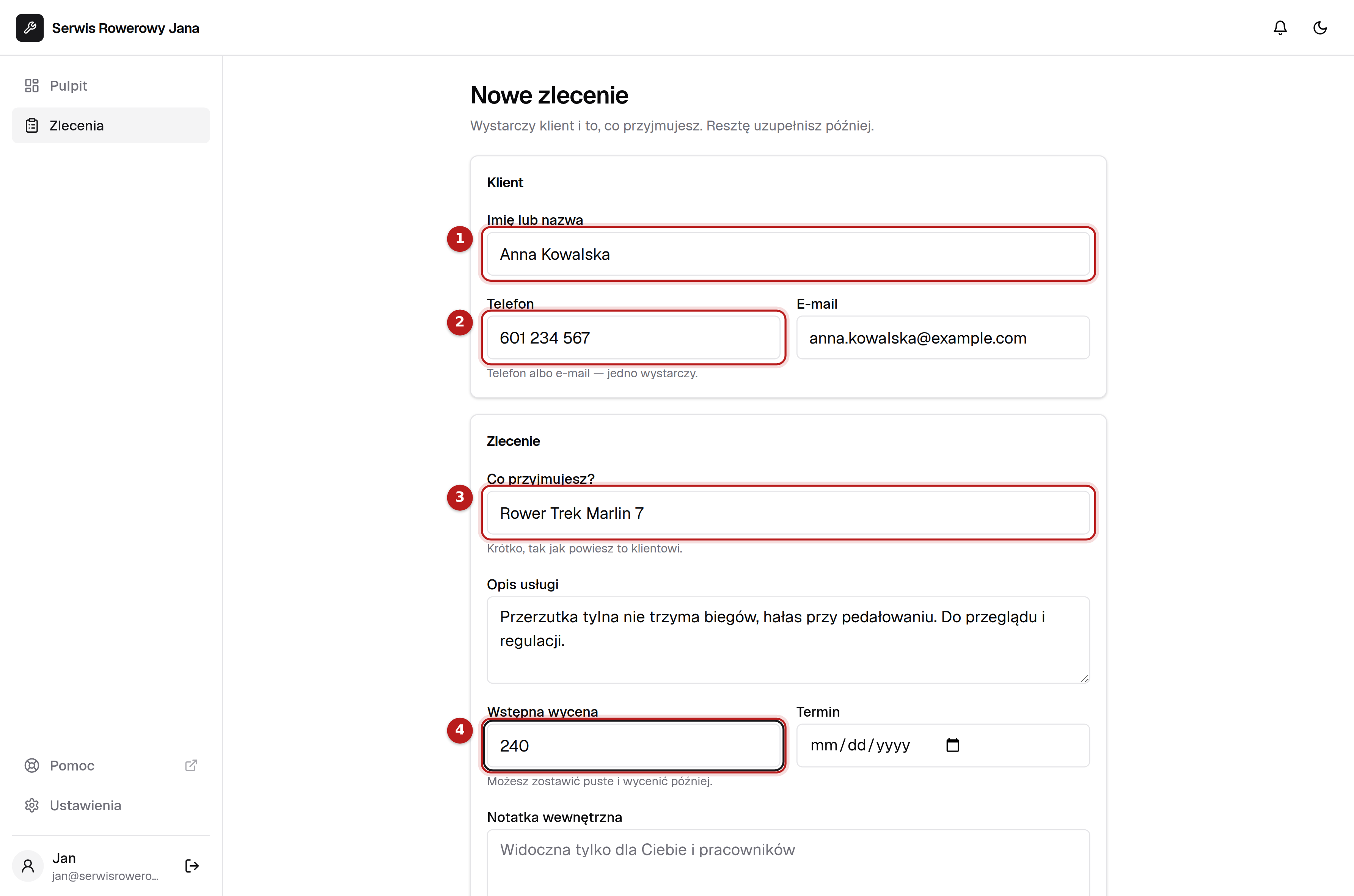 Formularz nowego zlecenia z wypełnionymi danymi klienta i przedmiotu