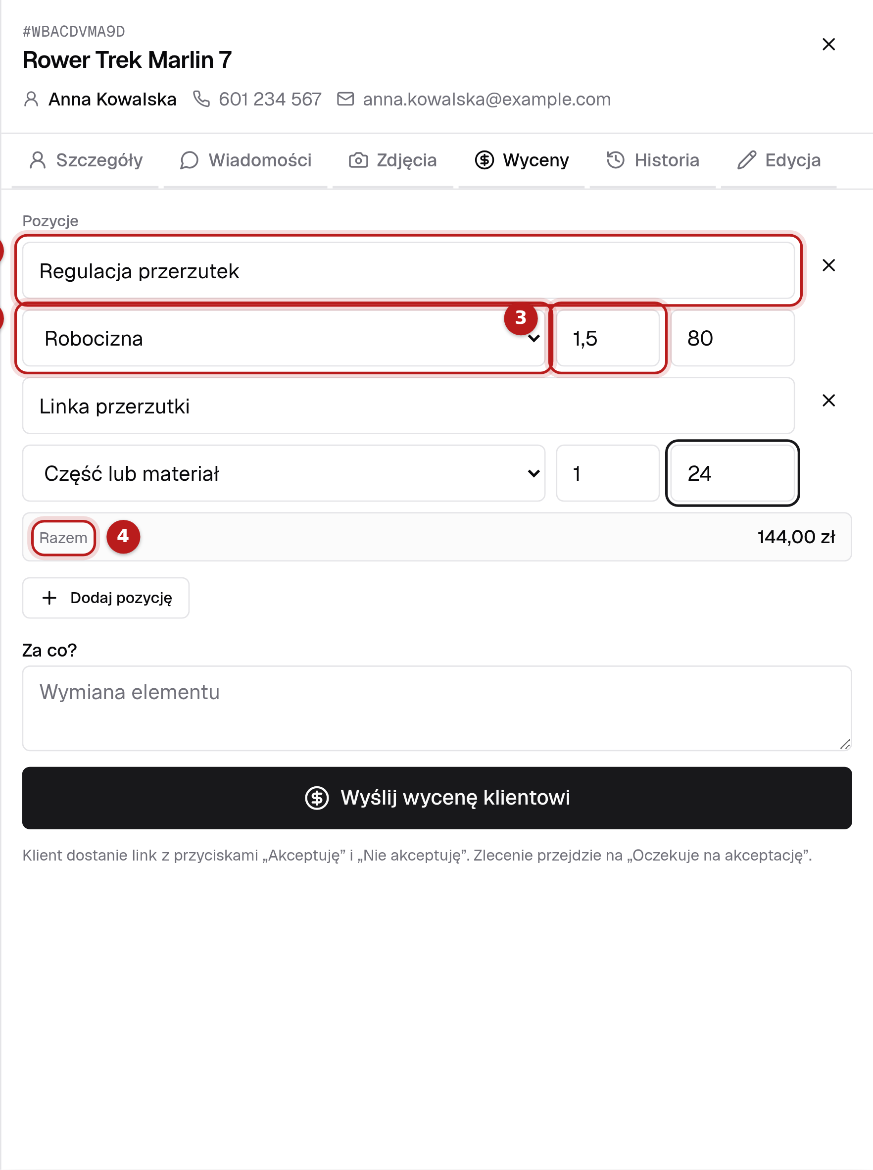 Wycena rozpisana na robociznę i część, z sumą liczoną automatycznie