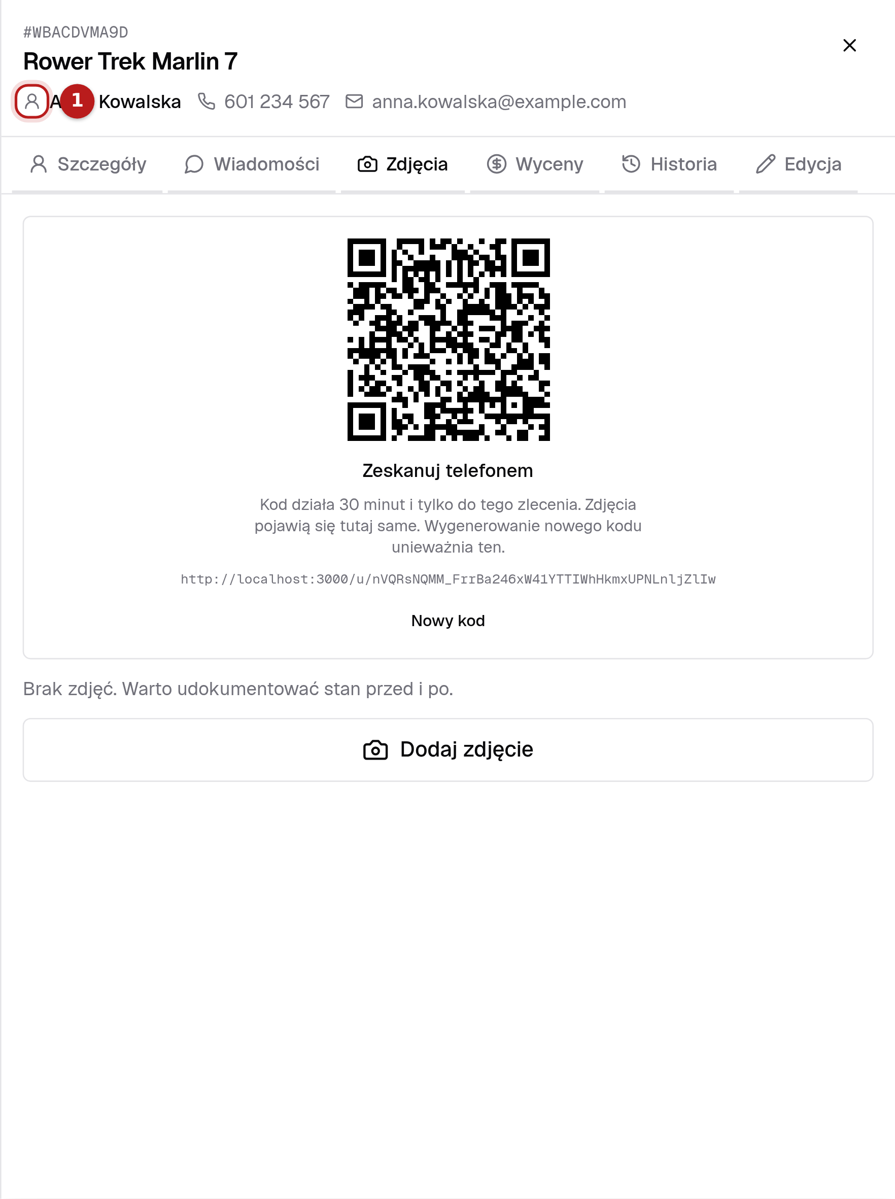 Kod QR do wgrywania zdjęć z telefonu w zakładce Zdjęcia