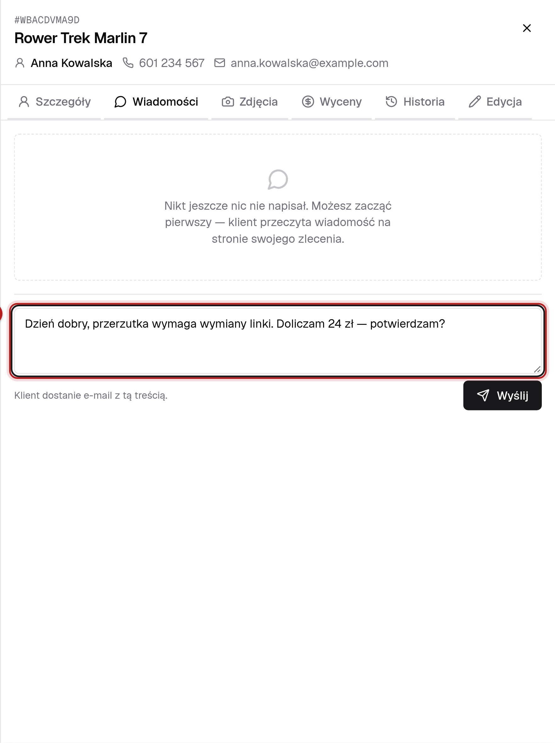 Zakładka Wiadomości z polem do napisania wiadomości do klienta
