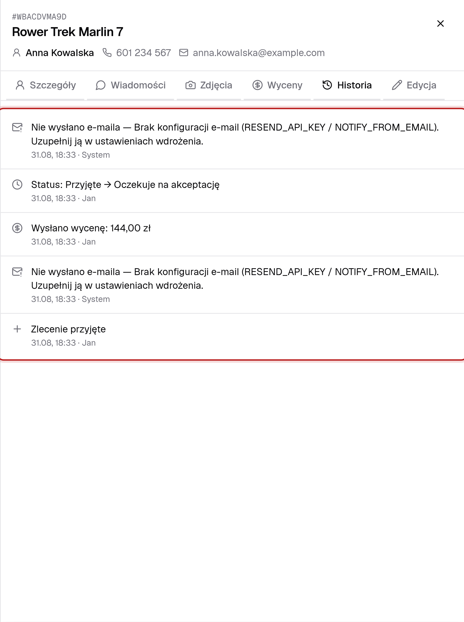 Historia zlecenia z wpisami o przyjęciu, wycenie i zmianach statusu
