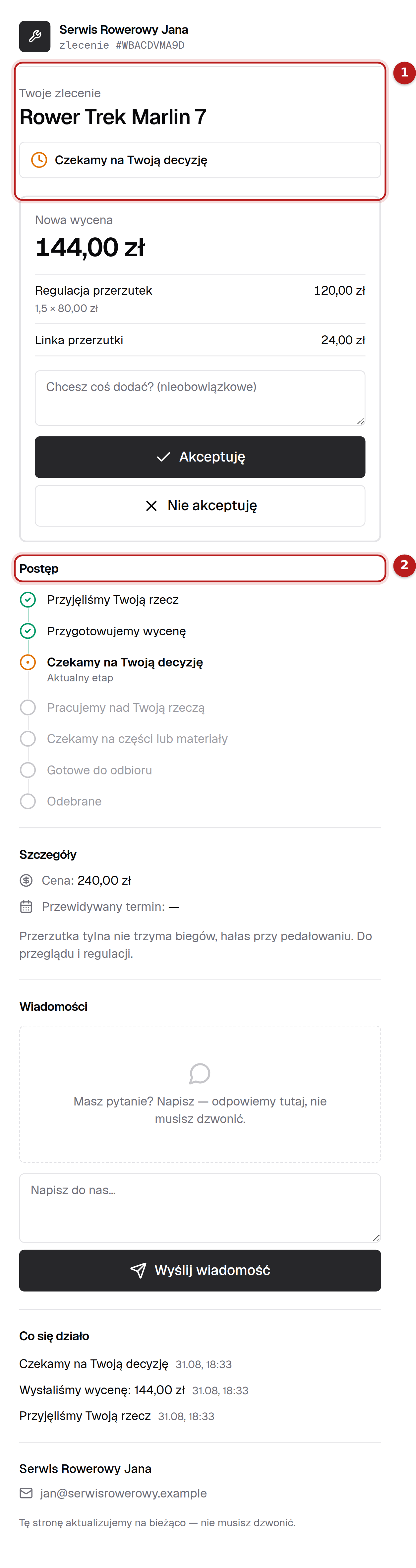 Strona zlecenia widziana przez klienta na telefonie